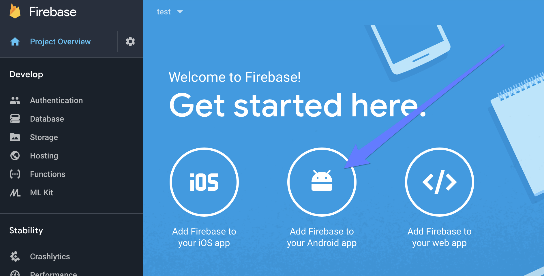 Getting Started screen on Firebase