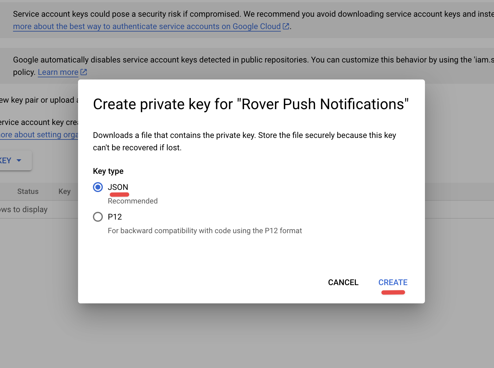 Google Cloud Service Account Create JSON type key