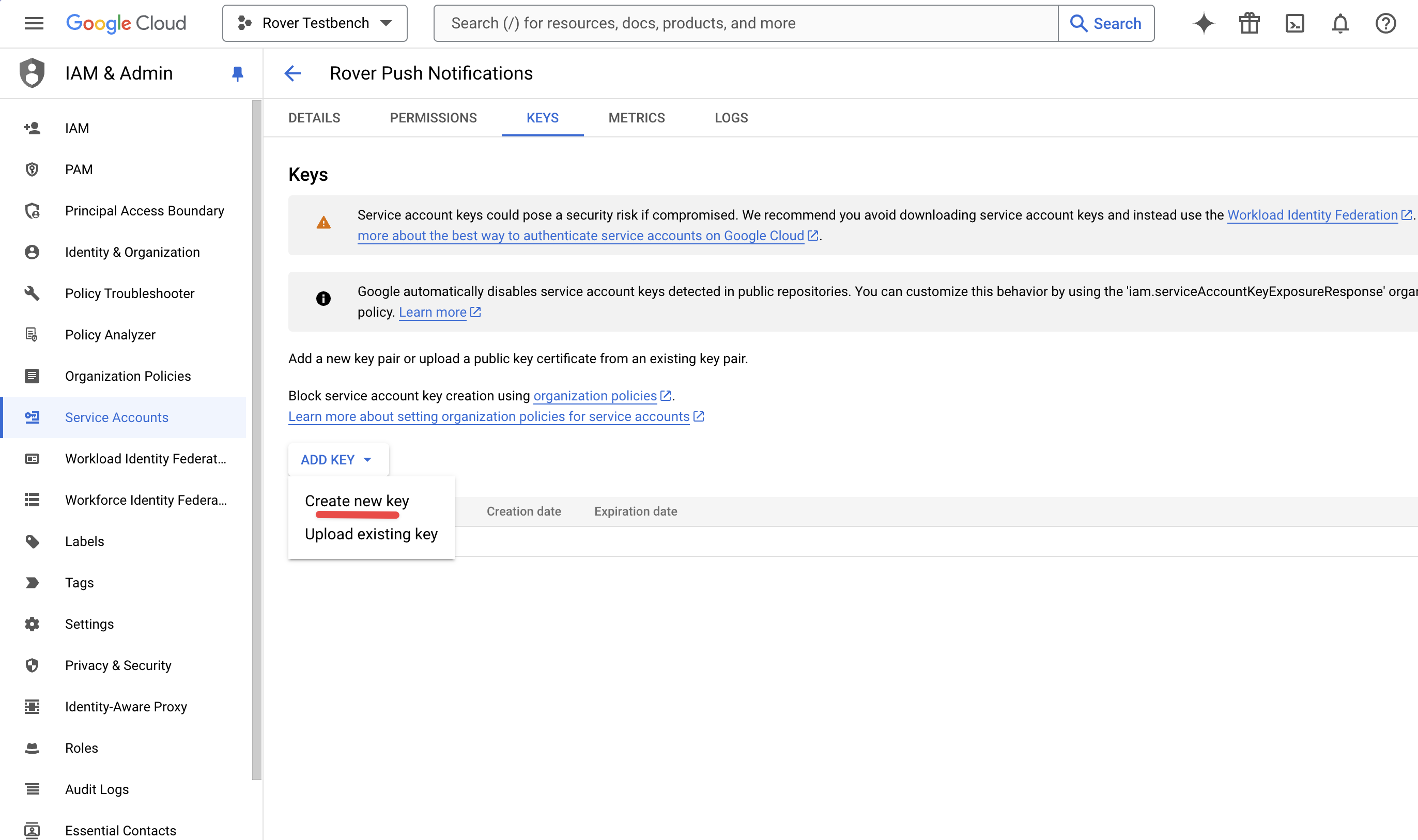 Google Cloud Service Accounts Create new Key