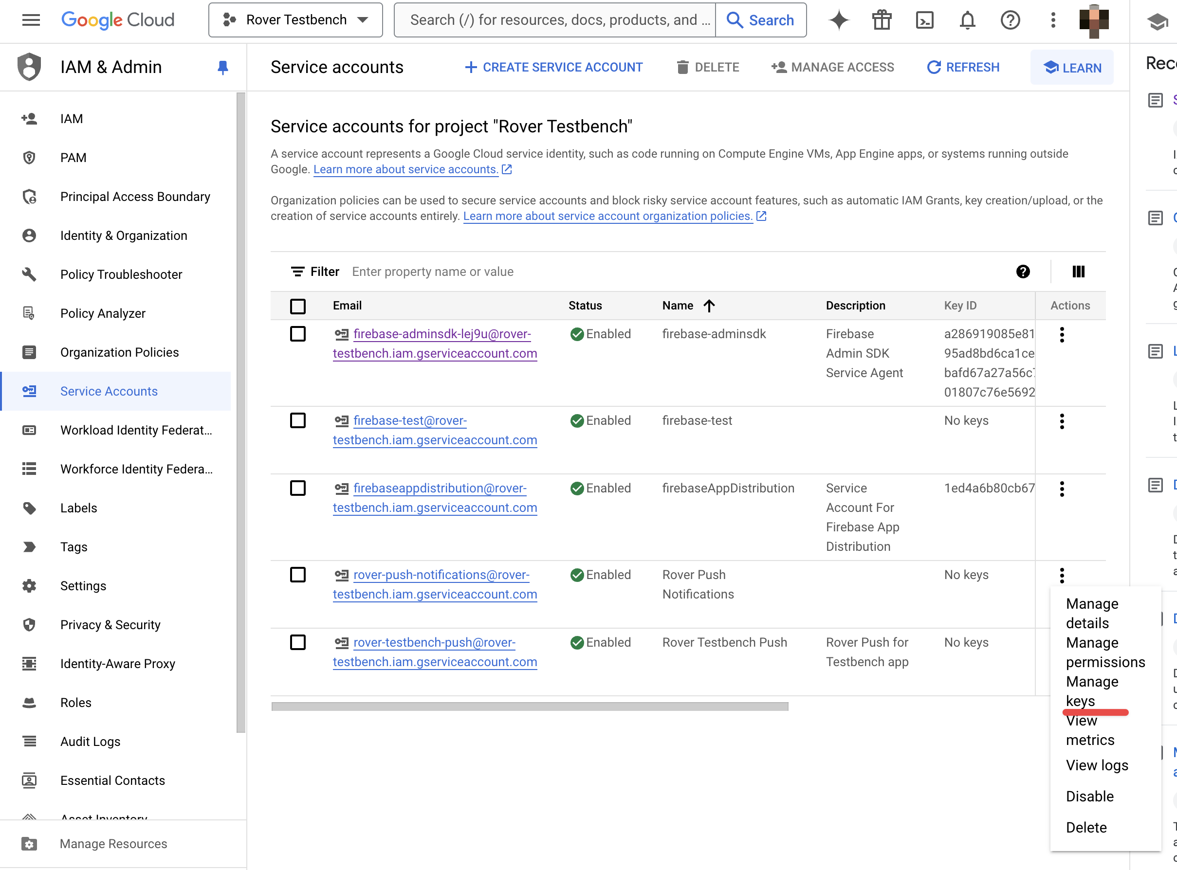 Google Cloud Service Accounts Find Manage Keys Menu